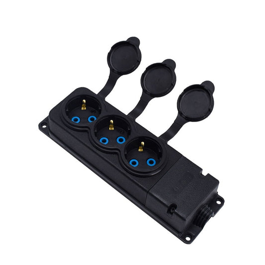 Triple "rubber" black socket with cover hermetic IP44 250V, 16A, SCHUKO 2P+Z, 3KMP-F, Bylion