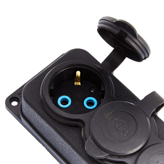 Triple "rubber" black socket with cover hermetic IP44 250V, 16A, SCHUKO 2P+Z, 3KMP-F, Bylion
