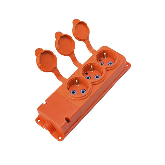 Triple "rubber" orange socket with cover hermetic IP44 250V, 16A, SCHUKO 2P+Z, 3KMP-F-O, Bylion