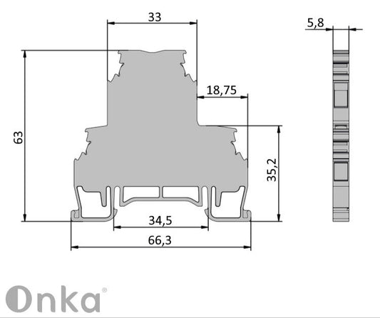 ONKA 2,5 mm2, 2-úrovňová svorkovnica na DIN lištu, 4-vodičová, sivá, 1010332
