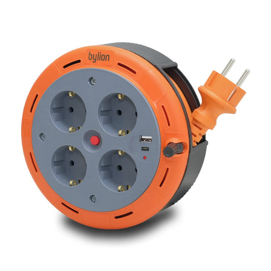 Compact extension cable with reel, 5 m cable with 4 sockets IP20 + USB + thermal fuse + child protection, 3x1mm2, grounding type SCHUKO, PHE-05310-F-USB