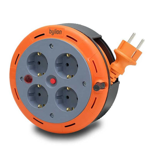 Compact cassette rolling extension cable, 5m cable with 4 sockets IP20 + thermal fuse + child safety lock, 3x1mm2, French type (pin), PHE-05310-E