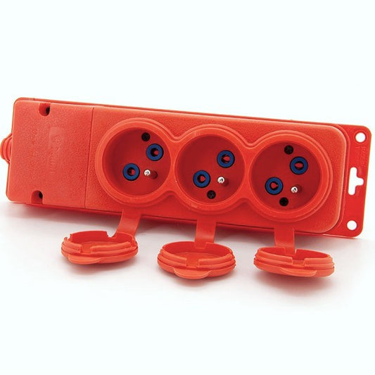 3x zásuvka, francúzsky typ E, trojitá "gumová" oranžová zásuvka s krytom hermetická IP44 250V, 16A, 2P+Z, 3KMP-E-O, Bylion