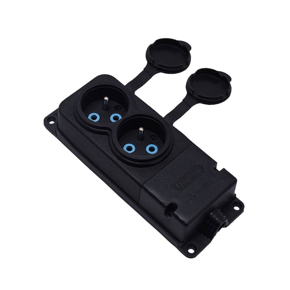 Double rubber socket black hermetic surface mount 250V, 16A, IP44, French type E 2P+Z, 2KMP-E, Bylion