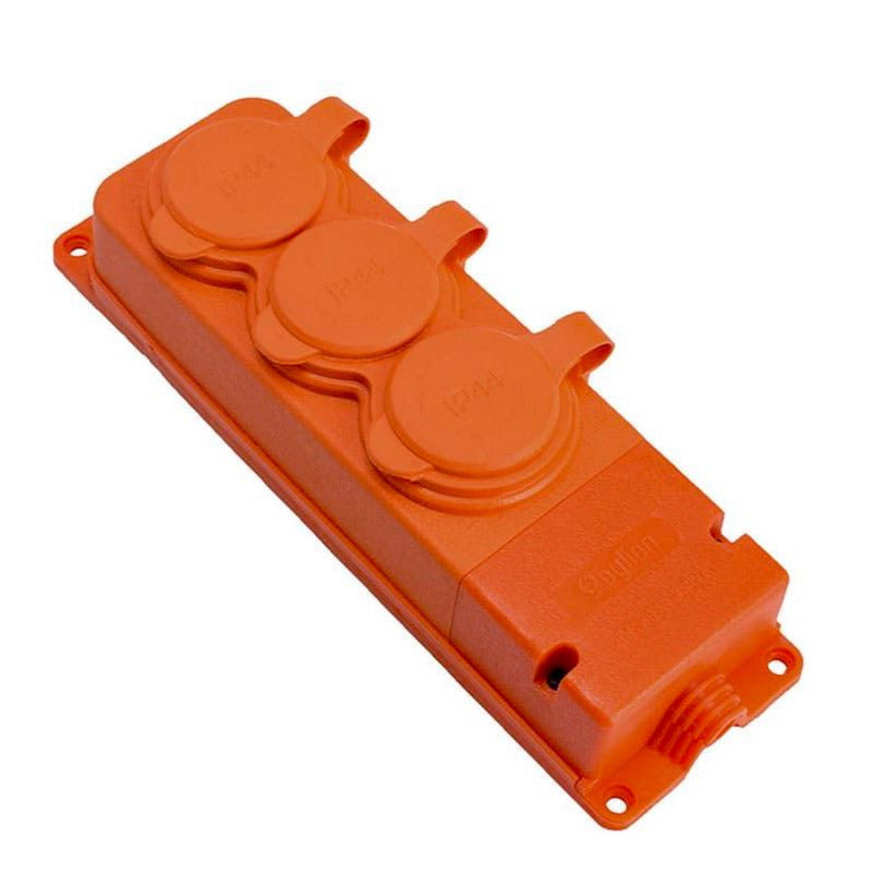 3x socket, French type E, triple "rubber" orange socket with cover, hermetic IP44 250V, 16A, 2P+Z, 3KMP-E-O, Bylion