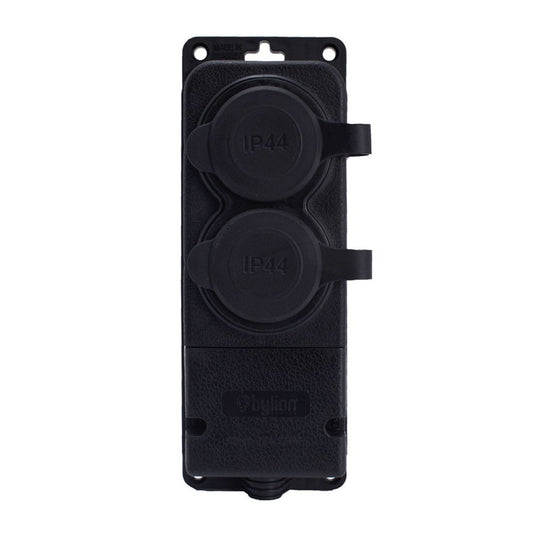 Double rubber socket black hermetic surface mount 250V, 16A, IP44, SCHUKO 2P+Z, 2KMP-F, Bylion