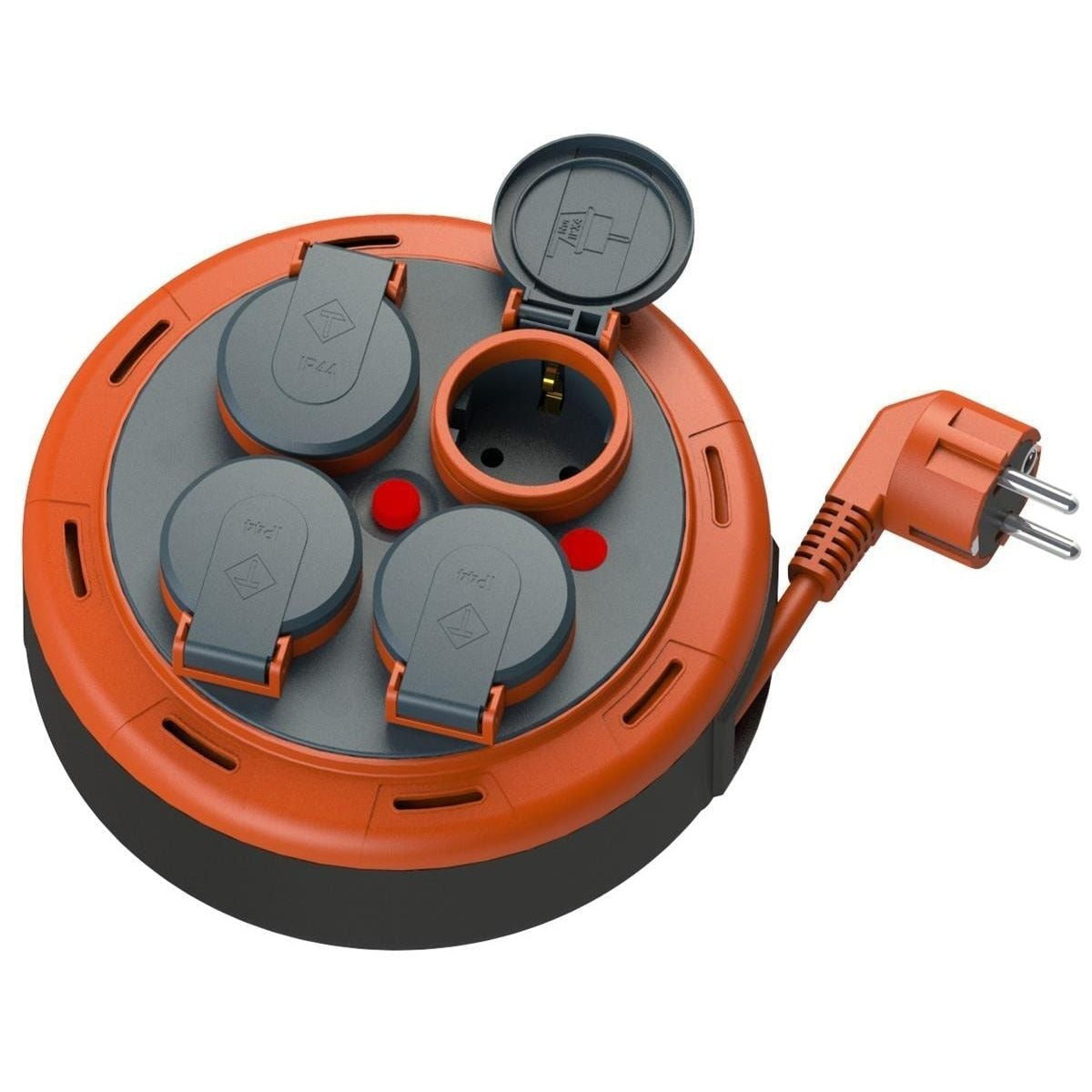 IP44 Compact extension cable with reel, 5 m cable with 4 sockets + thermal/child protection, 3x1 mm2, SCHUKO grounding type, PHP-05310-F